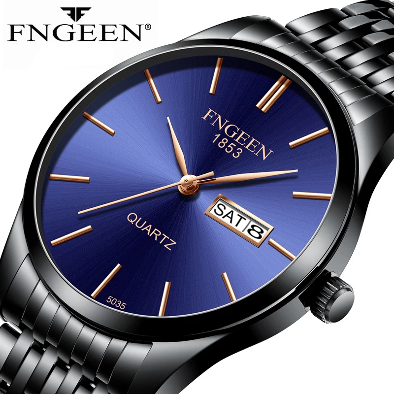 

FNGEEN Watch For Men New Casual Fashion Stainless Steel Waterproof Wristwatch Sport Week Date Quartz Clock Relogios Masculino