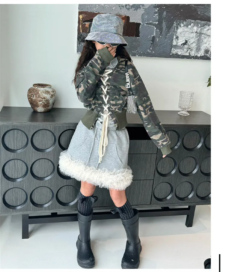 

Hot Selling Camouflage Print Hoodie + Skirts 2pcs Sets Children Fashion Spring Autumn New Suits Teenage Clothes Wz1313