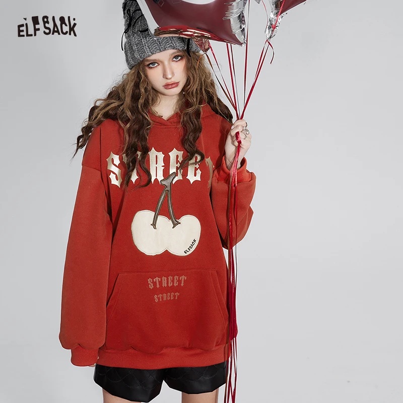 ELFSACK Graphic Kawaii Cherry Fleece Hoodies Women 2023 Winter New Plus Size Korean Fashion Tops