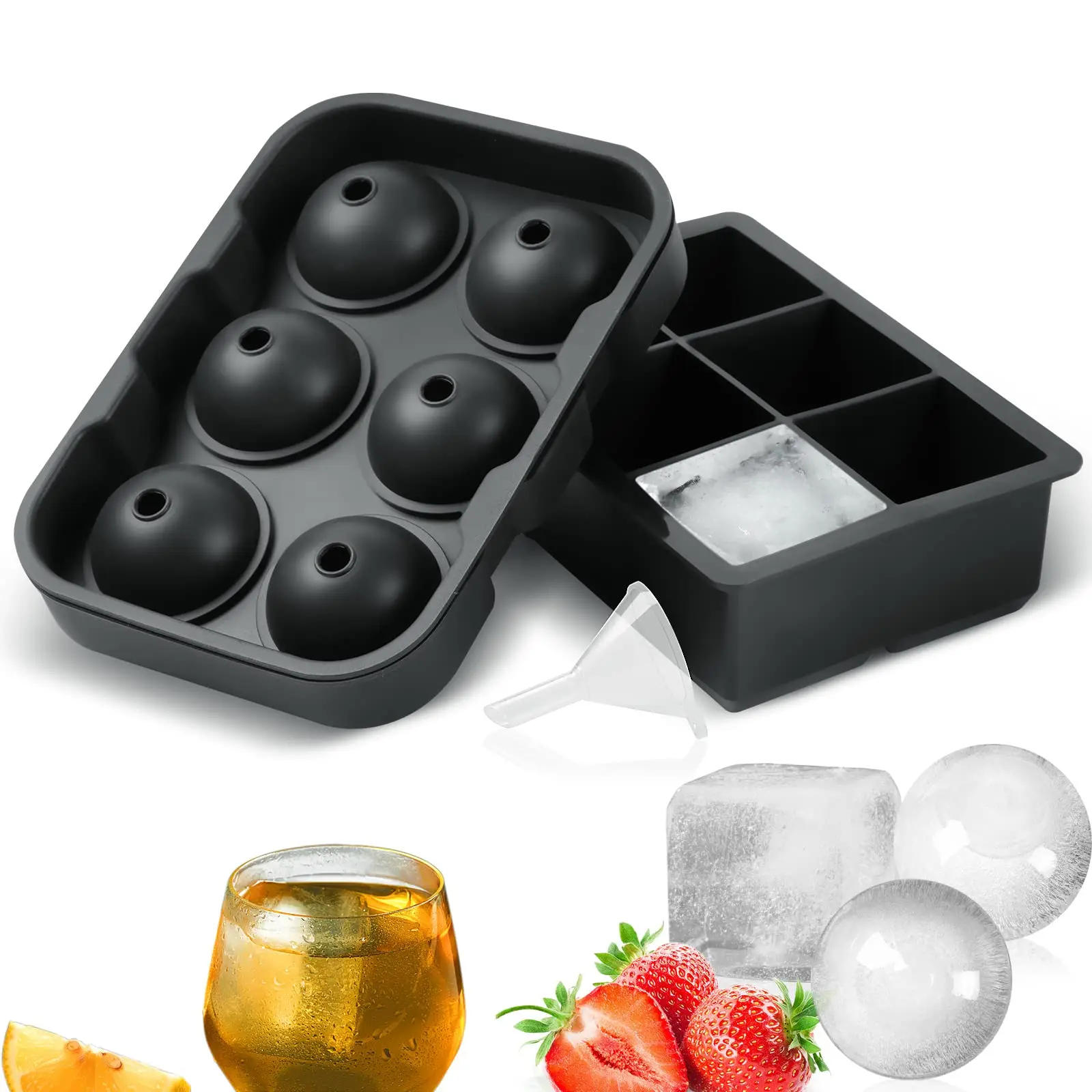 Ice Cube Mold Silicone Black Large Ice Cube Trays with Lid for Freezer Whiskey Bar Party