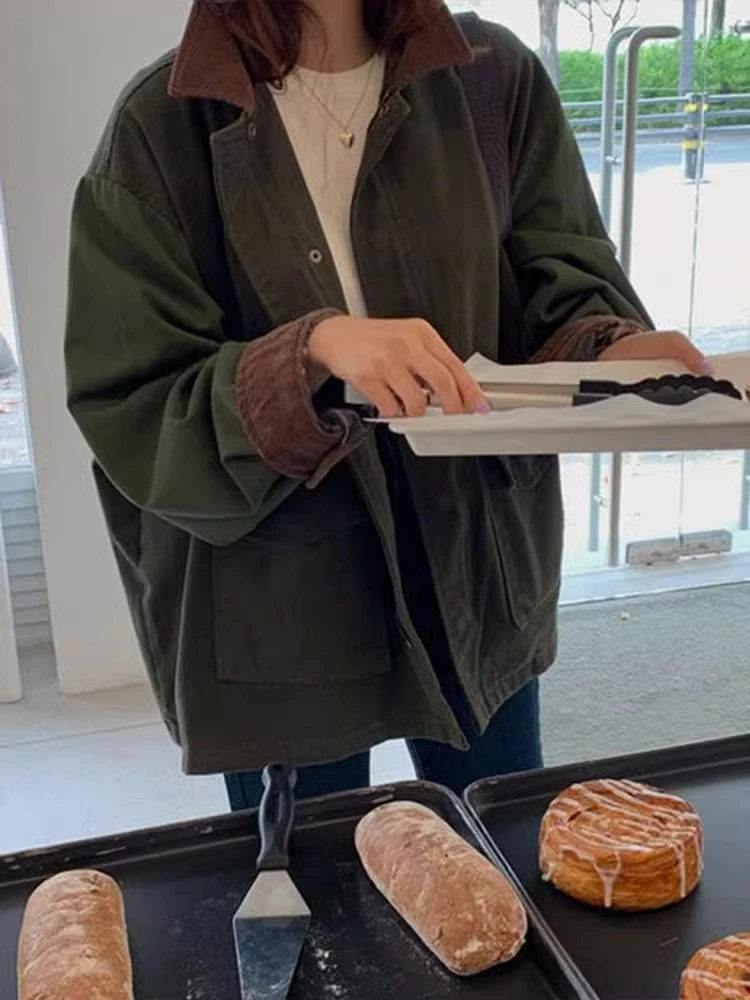 American Retro een Collar Workwear Jaet Women's Autumn Winter Loose Top Mid-Length  Coat Casual Faion Outerwear
