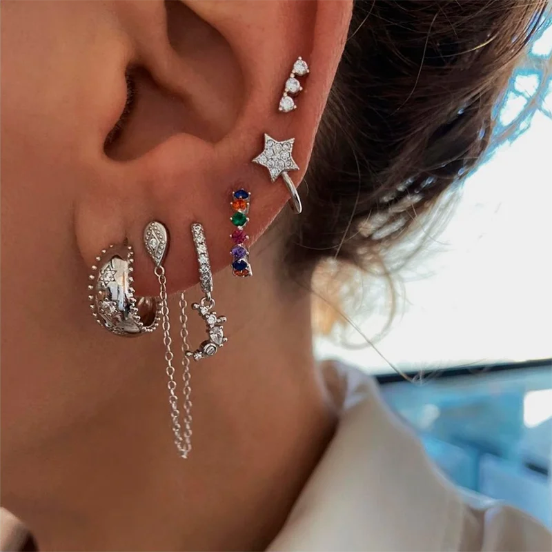 HIMEISANG Wholesale 925 Sterling Silver Earcuff Star Zircon Golden Hoop Earrings for Women Fashion Dangle Stud Earrings Jewelry
