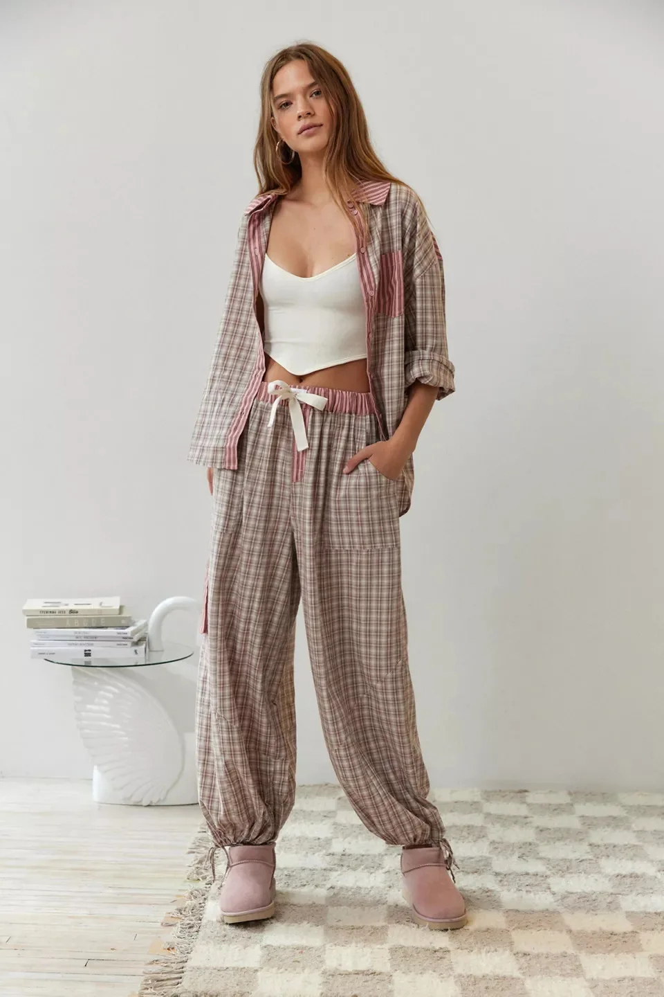 Womens Pajamas Two Piece Sets Plaid Loungewear Sets Button Down Nightshirts Casual Loose Sleepwear