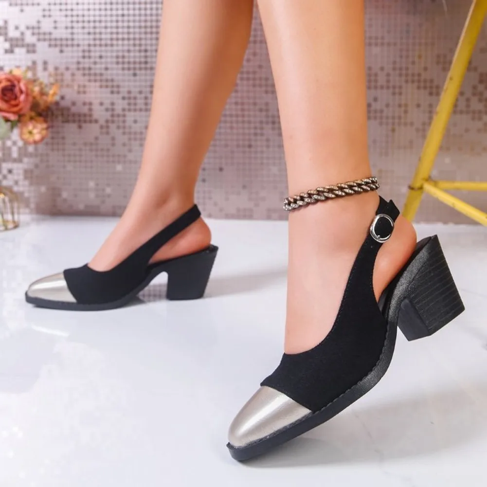 Women Square Head High Heels Summer New Fashion Brand Designer PU Leather Outdoor Slip-On Casual Office Women Sandals Zapatos