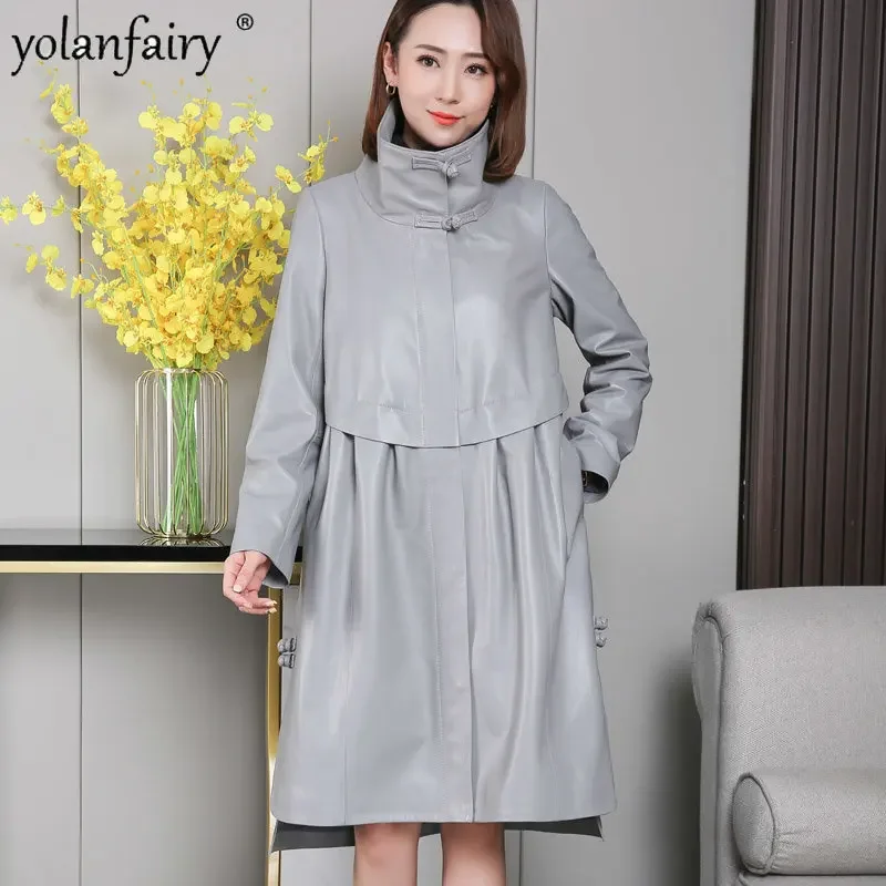 Genuine Leather Coat Women Trenchcoat Natural Sheepskin Jacket Female Extra Large Midium Loose Korean Stand Collar Outwear 8XL F