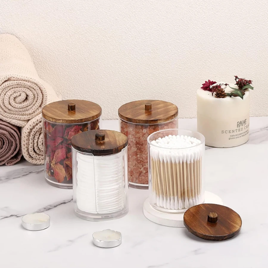 2/4pcs Qtip Holder Dispenser for Cotton Ball, Cotton Swab, Floss 10 oz, 12 oz Clear Storage Box Apothecary Jars with Bamboo Lids 2