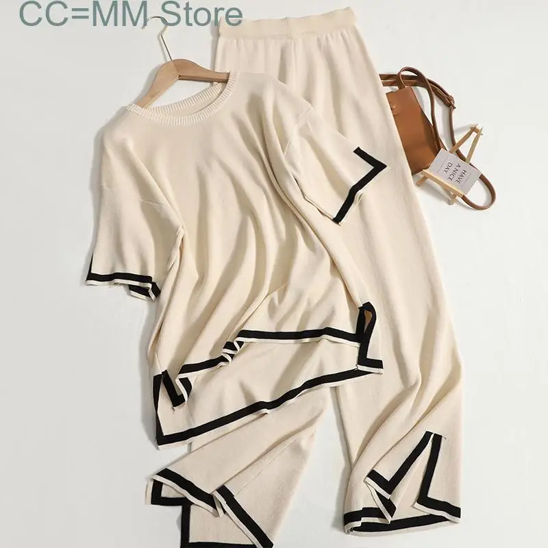 New Pants 2 Piece Set for Women Summer Korean Split O Neck Short Sleeve Knitted Tops High Waisted Wide Leg Long Pants