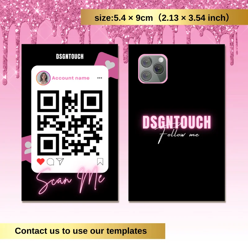 전문가 네트워킹을 위한 QR 명함, 모던한 블랙&핑크 스마트폰 카메라 디자인, 무료 디자인 서비스 제공