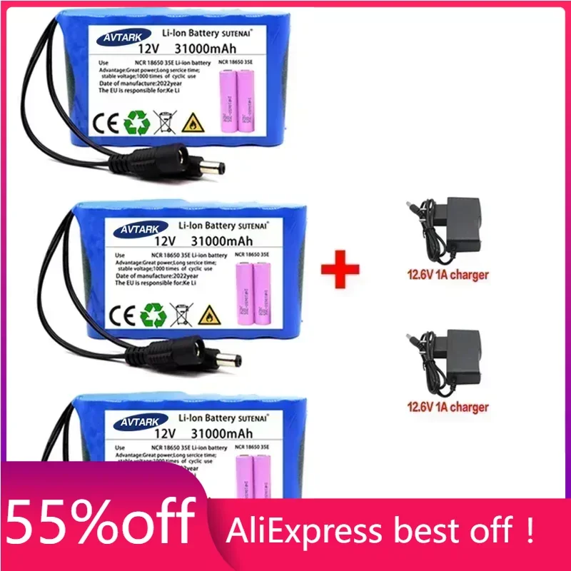 

New Upgrade Portable Rechargeable Battery 12V 31000mah 18650 Lithium Battery Pack Capacity DC 12.6V 31Ah Monitor with Charger