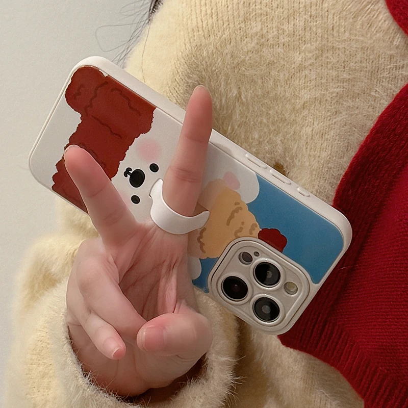 Cartoon Cute Bear Dog Ring Holder Phone Case For iPhone 16 15 13 14 Pro Max TPU Back Cover With Bracket