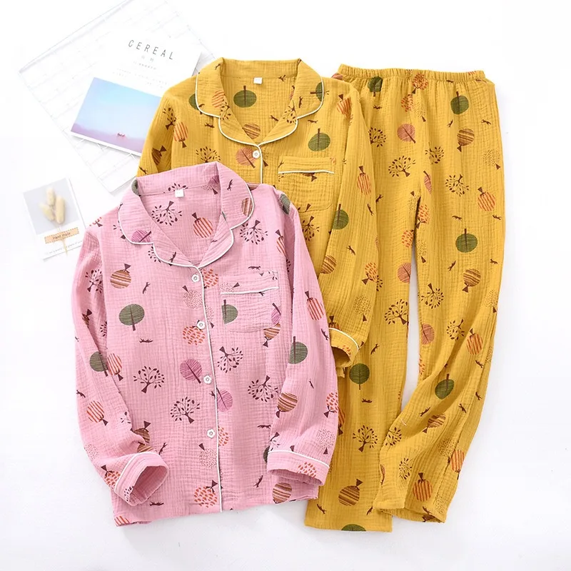 

Spring And Autumn New Ladies Pajamas Set Cartoon Tree Printed Comfort Gauze Cotton Full Length Sleepwear Thin Cute Homeweear