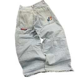Y2K New JNCO Jeans Cartoon Embroidery Washed Blue Jeans Vintage Harajuku Hip Hop Baggy Jeans Women’s High Waist Wide-Leg Pants