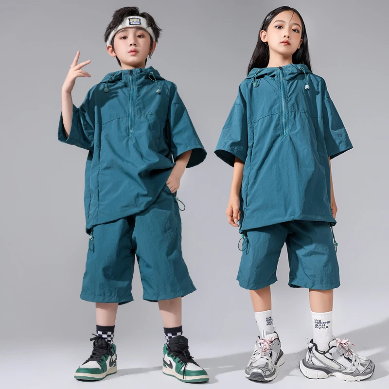 

Hip Hop Girls Boys Short Sleeve Hoodie Street Dance Outfits Shorts Children Solid Streetwear Clothes Sets Kids Jazz Costume