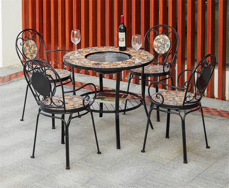 Description Picture 5 of itemOutdoor Patio Barbecue Table and Chairs Combination European Style Iron Garden Sets Home Outdoor Garden Leisure Grilling Table