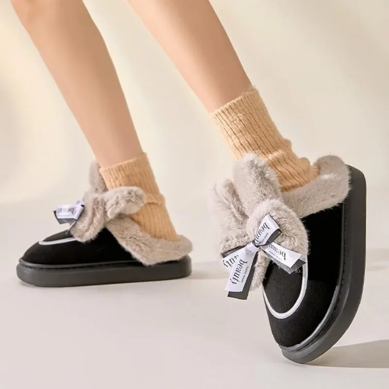 Winter Indoor Women Slippers Warm Faux Fur Girl Home Cotton Shoes Cute Bow Knot Rabbit Plush Bedroom Thick Heels Ladies Slides