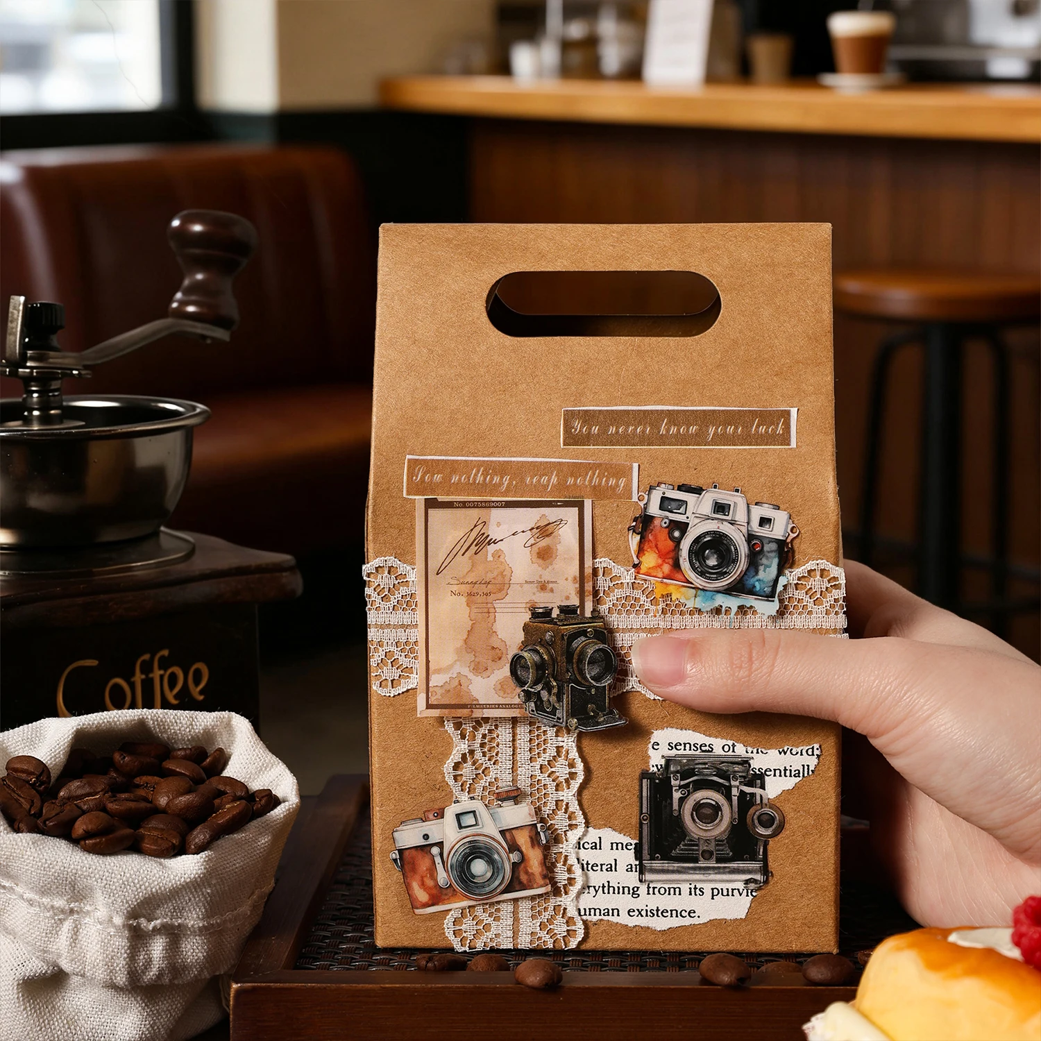 ? 40Pcs 커피 테마 PET 스티커 레이스 복고풍 스타일 스크랩북 저널 장식 콜라주 방수 문구