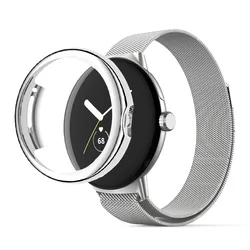 Google Pixel Watch Stainless Steel Bracelet with Screen Protector and Metal Loop Band for Google Pixel Watch (Mesh-Silver)