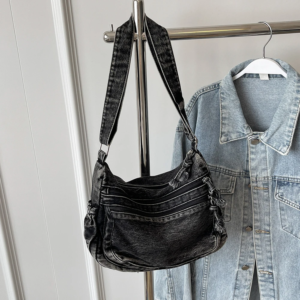 Women Denim Hobo Shoulder Bag Large Capacity Casual Messenger Crossbody Bags Vintage Satchel Bag Multi-pockets Retro Tote Bag