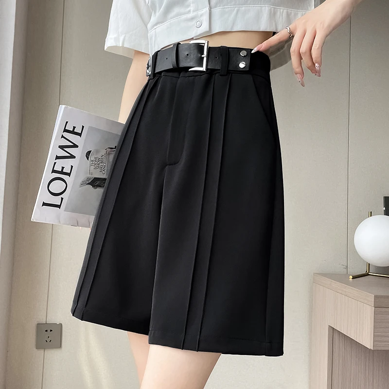 Korean Fashion Women's Summer Dressy Casual Elastic Waist Wide Leg Suit Tailored Shorts Comfy Elagant Work Trouser Shorts Belt