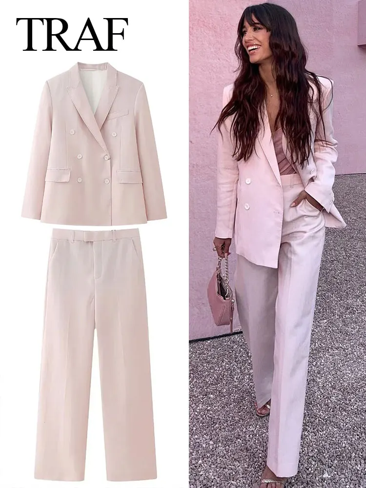 

TRAF 2024 Spring New Fashion Set Solid Lapel Double Breasted Woman's Blazer + Wild Commute Office Lady Female Wide Leg Long Pant