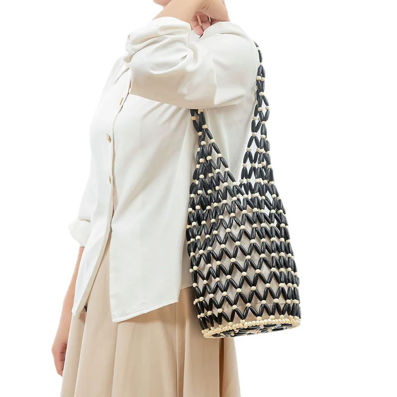 

Summer Beach Bag Fashion Wooden Beading Women Shoulder Bags Designer Hollow Lady Handbag Handmade Casual Travel Tote Purse