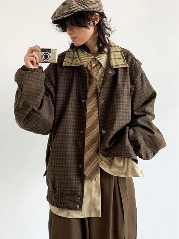 Early Autumn Plaid Jaet Men's Casual Loose Stitching Leisure Set Japanese Retro Sle Youth College Windbreaker Coat