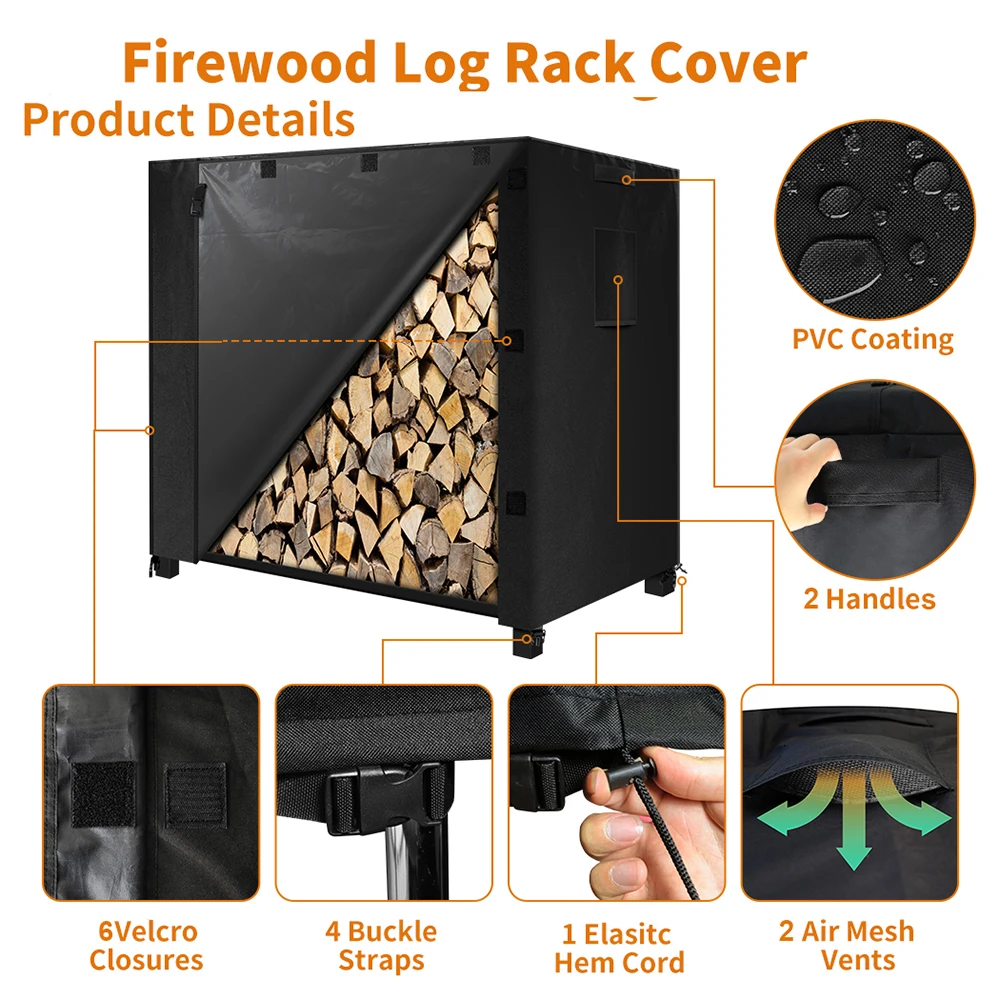 Outdoor Log Rack Cover Heavy Duty Waterproof Firewood Cover Openable Front Flap 4 Feet 600D 48 "x 24" x 41"