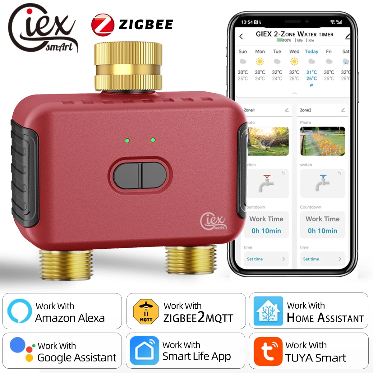Temporizador de Riego WiFi y Zigbee de 2 Zonas para Jardín Inteligente, Sistema de Irrigación Automática, Controlador de Goteo y Aspersor, Válvula Tuya 2MQTT ZHA