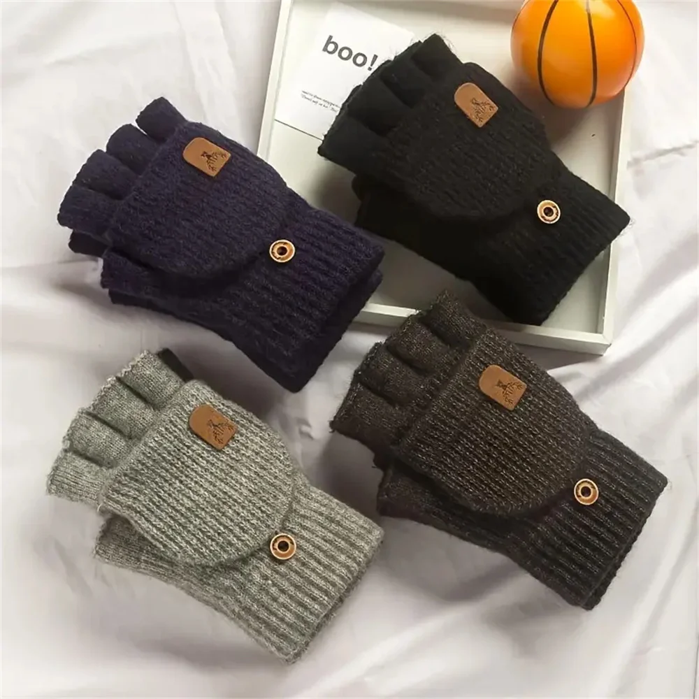 Half Finger Gloves Fingerless Gloves Warm Gloves Men Women Winter Gloves Half Finger Open Flip Design Flap Warm Gloves Knitted Thickened Windproof Hand Cover Gifts for Outdoor