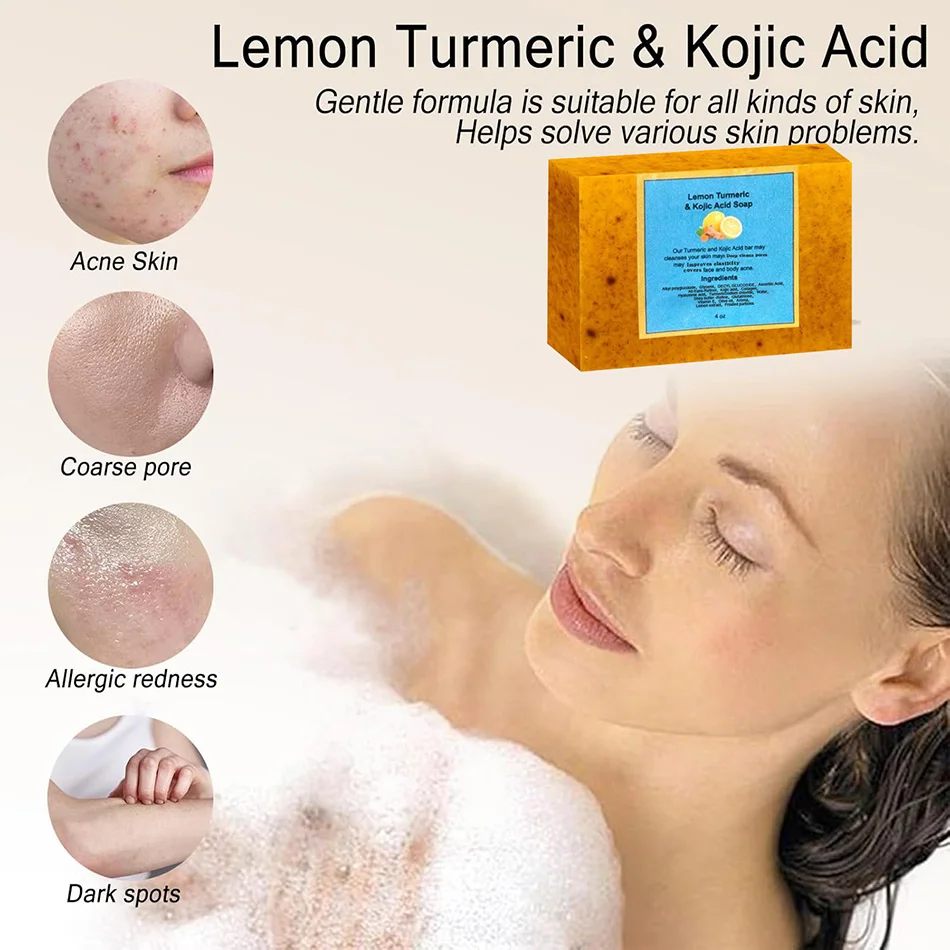 2pcs Turmeric Lemon Soap, Glowing Skin Best Soap Ever Kojic Acid Soap Skin Toning Face and Body Soap Bar Acne, Clogged Pores 3