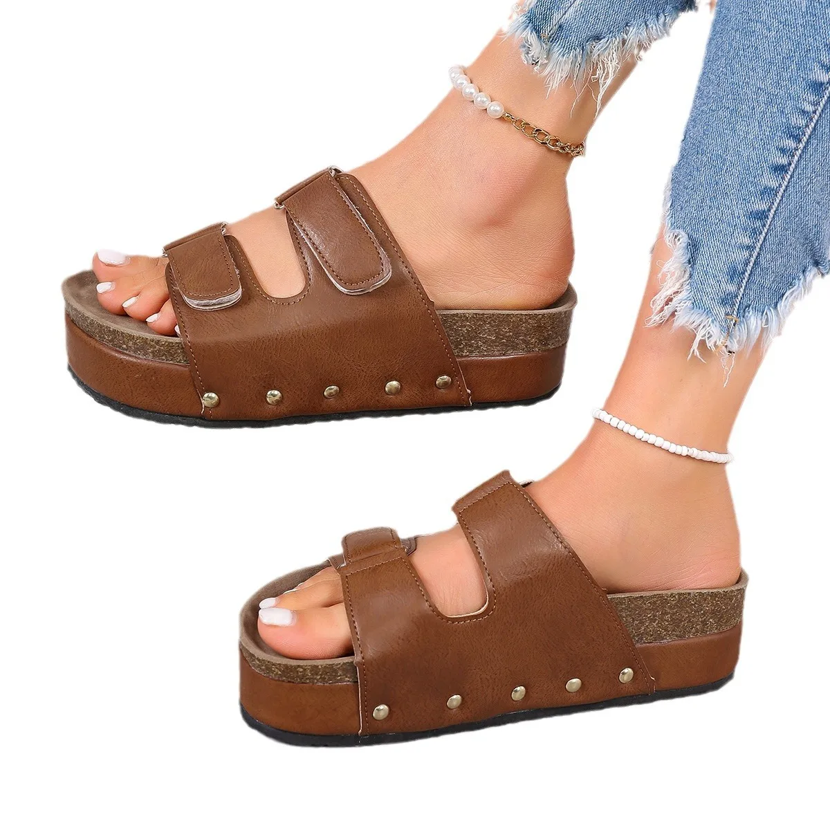 Summer Women's Wedges Slippers Outdoor Flatform Double Buckle Thick Sole Slope Heel Platform Casual Slides Rivet Shoes Women
