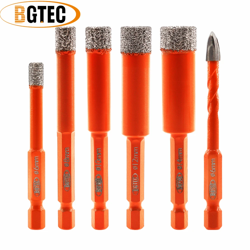 BGTEC Drill Bits Kit 6/8/10/12/14mm Diamond Core Bits+6mm Positioning Hole Opener Drilling Tile Porcelain Hex Quick-Fit Shank