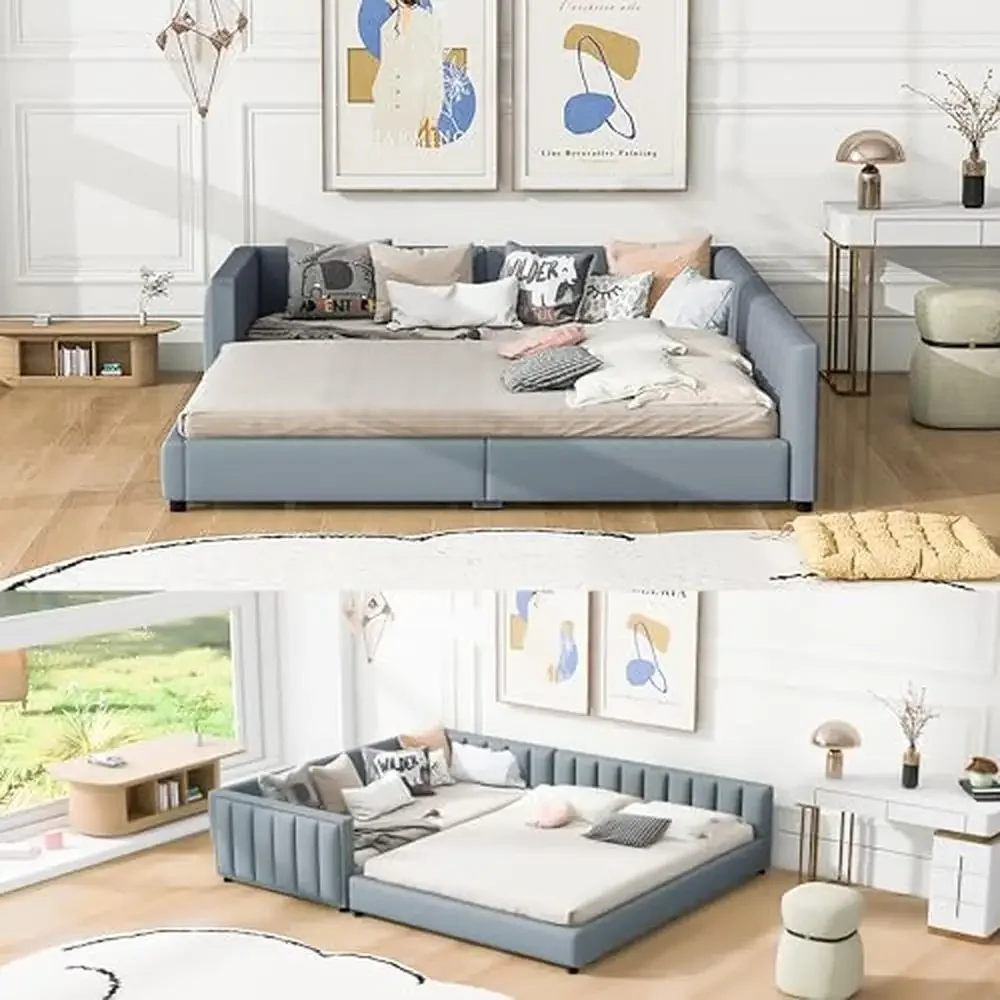 Queen Size Upholstered Platform Bed Frame Set Wood Bedroom Furniture Sofa Daybed Adults Kids with No Box Spring Needed Rustic 3
