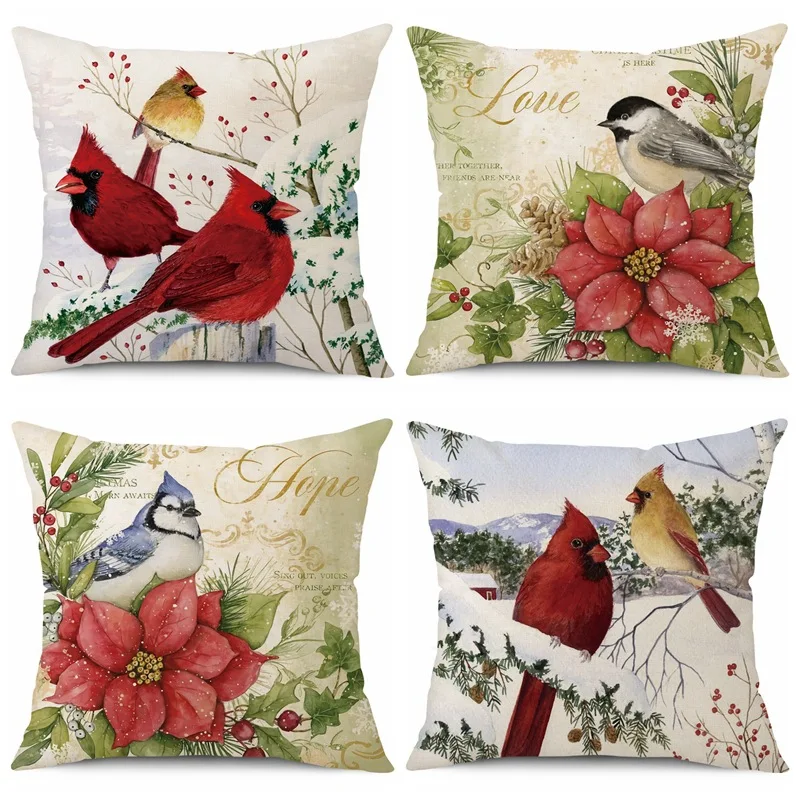 

Christmas Decorating Pillow Covers 18x18 inches Set of 4 for Home Decor Merry Christmas Cardinals Throw Pillow Cushion Case