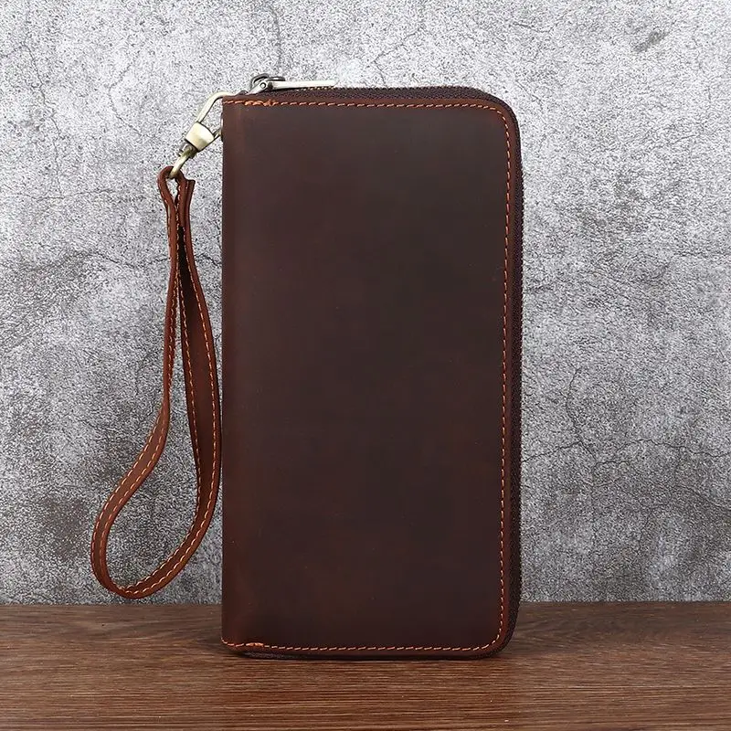 

Wallet Long Men's Vintage Double Zipper Handbag Headband Layer Cowhide Handbag Large Capacity Personalized Leather Wallet