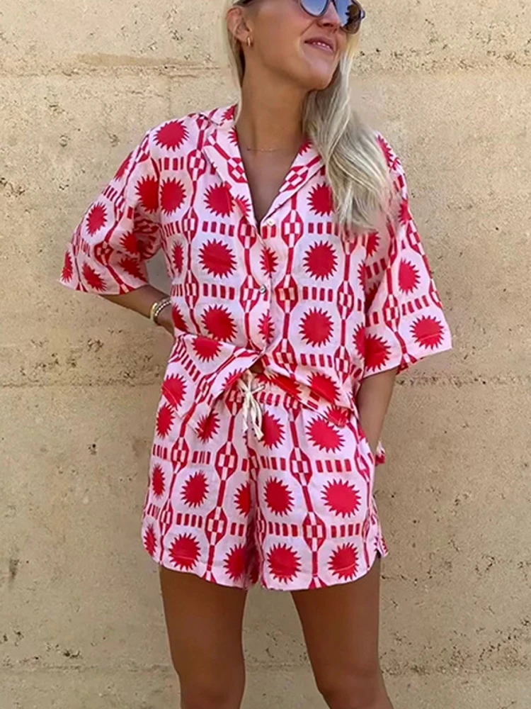 2 Pieces Set Sexy Fashion Women Set Female Tops Flower Print Short Sleeve Shirt And Elastic Waist Shorts Suit 2023 Autumn Summer