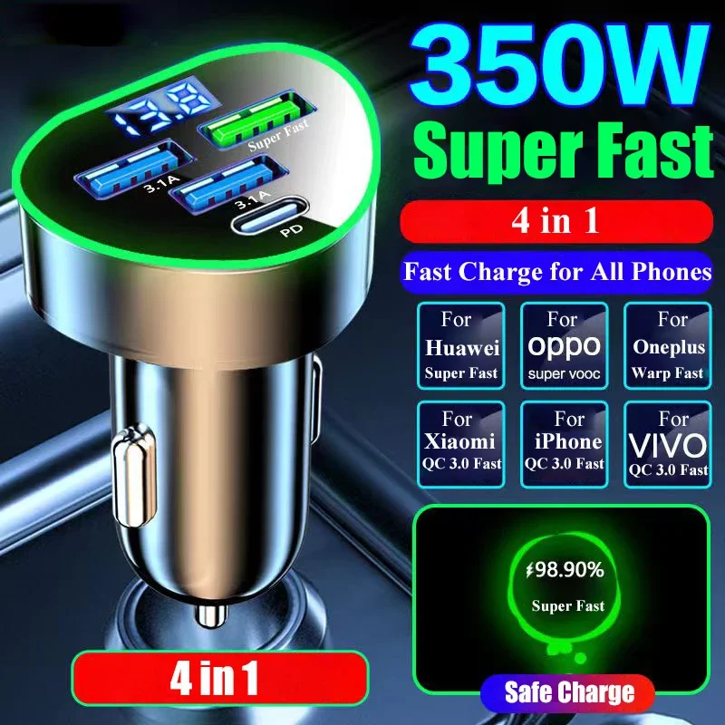 USB C 차량용 충전기 어댑터, LED 전압 모니터, 초고속 충전, 아이폰, 삼성, 화웨이, 원플러스, 안드로이드 폰용, 4 in 1