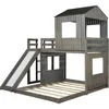 House Bunk Beds Twin Over Full Size, Wood Bunk Beds with Roof and Window Distressed Grey, Twin Over Full with Slide 2