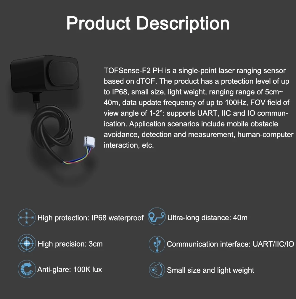 TOFSense-F2 PH Laser Ranging Sensor Radar Module dTOF Anti-glare 40 Meters LiDAR