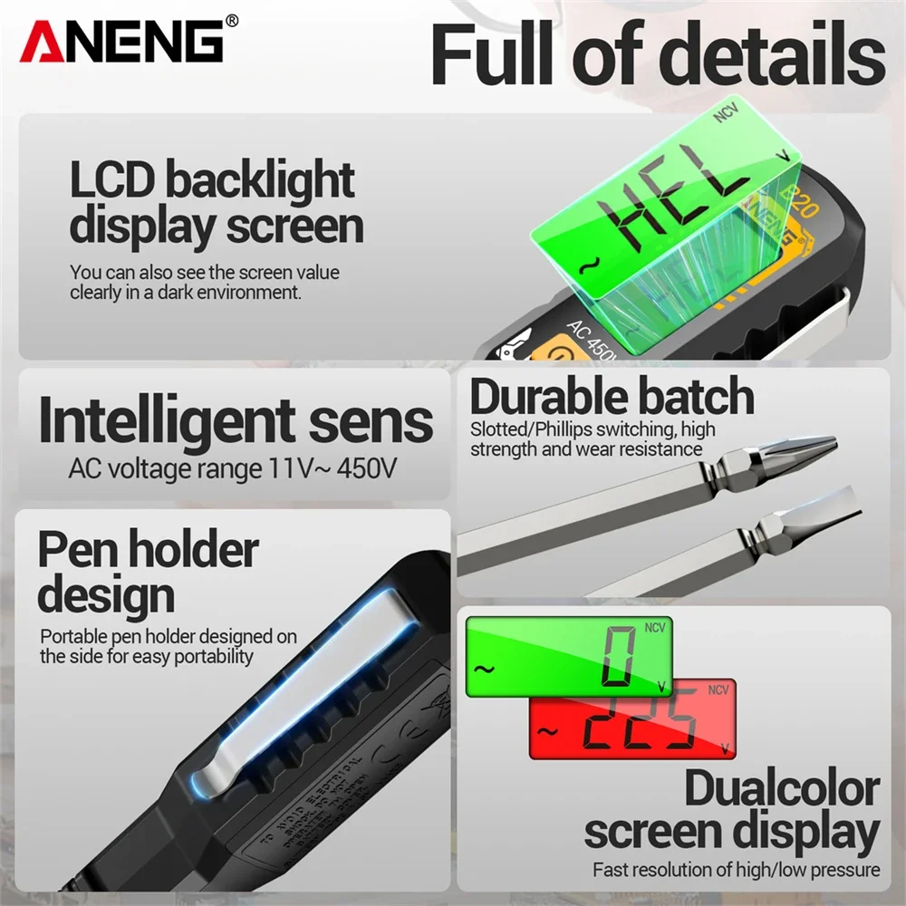ANENG B20 절연 드라이버 이중 헤드 이중 용도 슬롯 크로스 테스터 펜 스크류 드라이버 수리 전압 측정기 핸드 툴