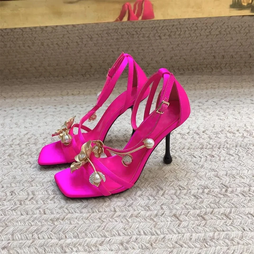 

2024 Summer Sandals Fashion Square Toe Women Shoes Concise Crystal Decor Sexy High Heels Genuine Leather Chaussure Femme Hot