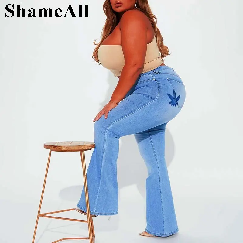 Plus Size Flower Embroidery Pockets Flare Jeans 4XL Women Stretchy Skinny Slim Fit Bell Bottoms Wide Leg Denim Pants Trousers