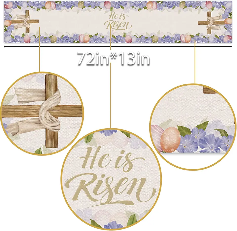 Runner Da Tavola In Lino Con Scritta "He Is Risen" E Croce – Decorazione Pasquale Cristiana, 33x183 Cm, Perfetto Per La Tavola Delle Feste.