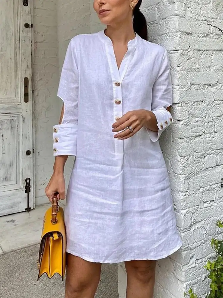 

Modigirl White Casual Short Dress For Women 2024 Summer Three-quarter Sleeves Buttoned Hollow V-neck Mini Dresses