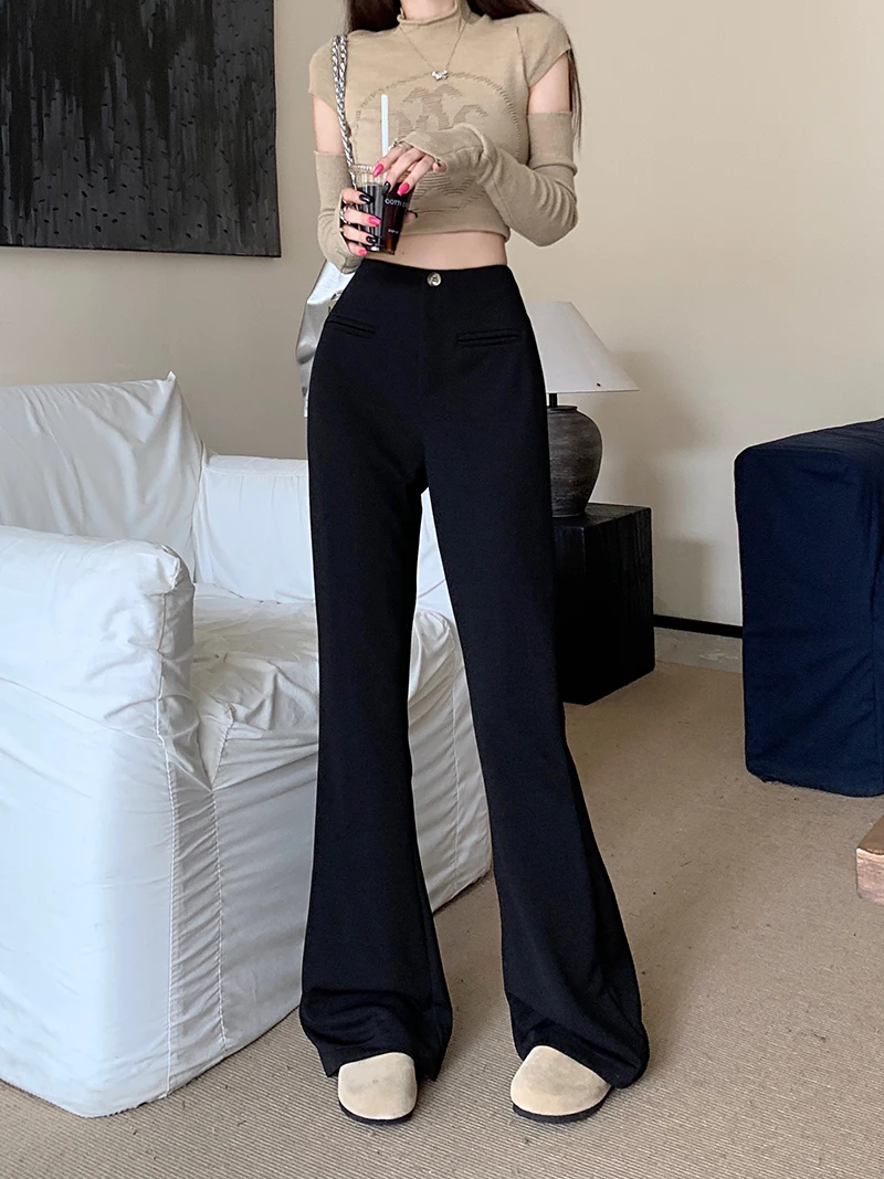 Black Flared Suit Pants Women's Autumn Casual Slim Fit Wide Leg Low Waist Guard Pants Horseshoe Pants Women
