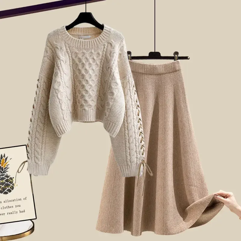 مجموعة الخريف النسائية كبيرة الحجم عالية الخصر تنورة صغيرة سترة فضفاضة قطعتين جناح مكافحة الشيخوخة الملابس النسائية العصرية