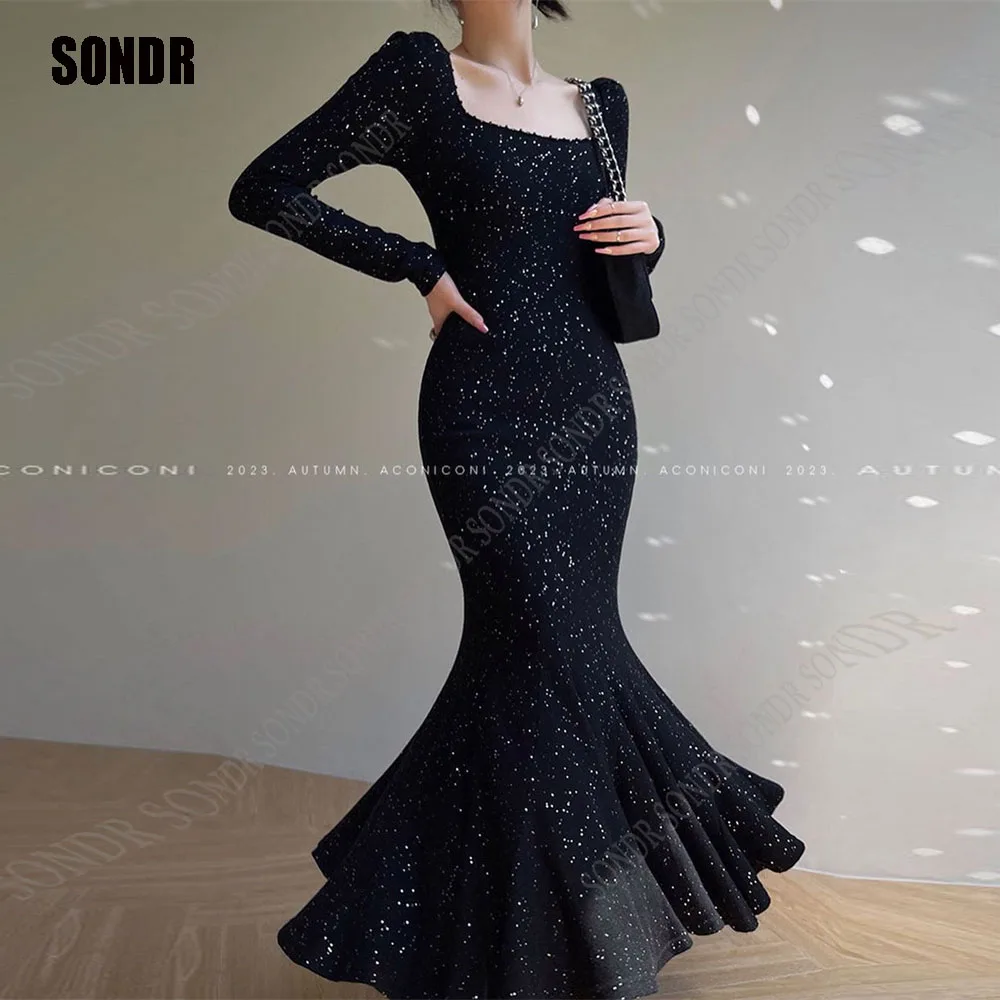 

SONDR Black Shiny Sequins Prom Dresses Square Neck Mermaid Ankle Length Formal Party Dress Gowns For Women 2023 Evening Dresses