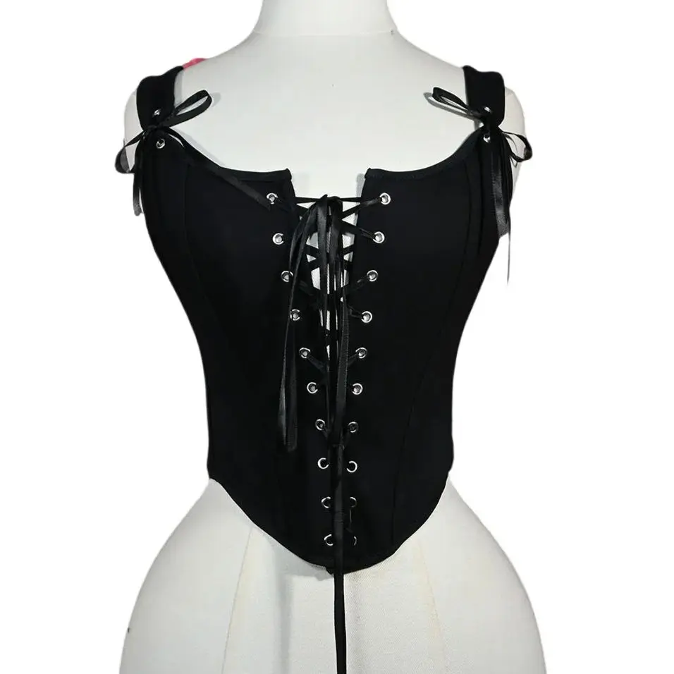 Women Cotton Corset Bustier Overbust Lace Up Front Boned Vintage Bodices Waist Trainer Crop Tops Push Breast Stage Costume