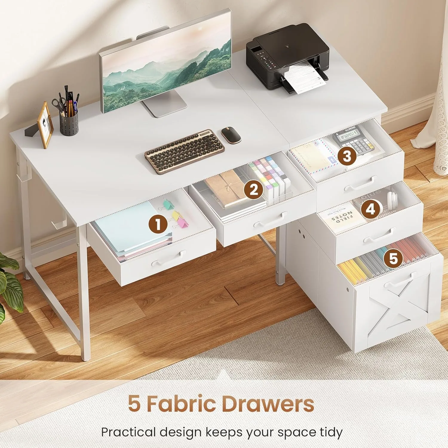 Office Desk with 5 Fabric Drawers, Computer Desk with Drawers,Farmhouse Desk with Headphone Hooks for Home Office (39 inch) 4