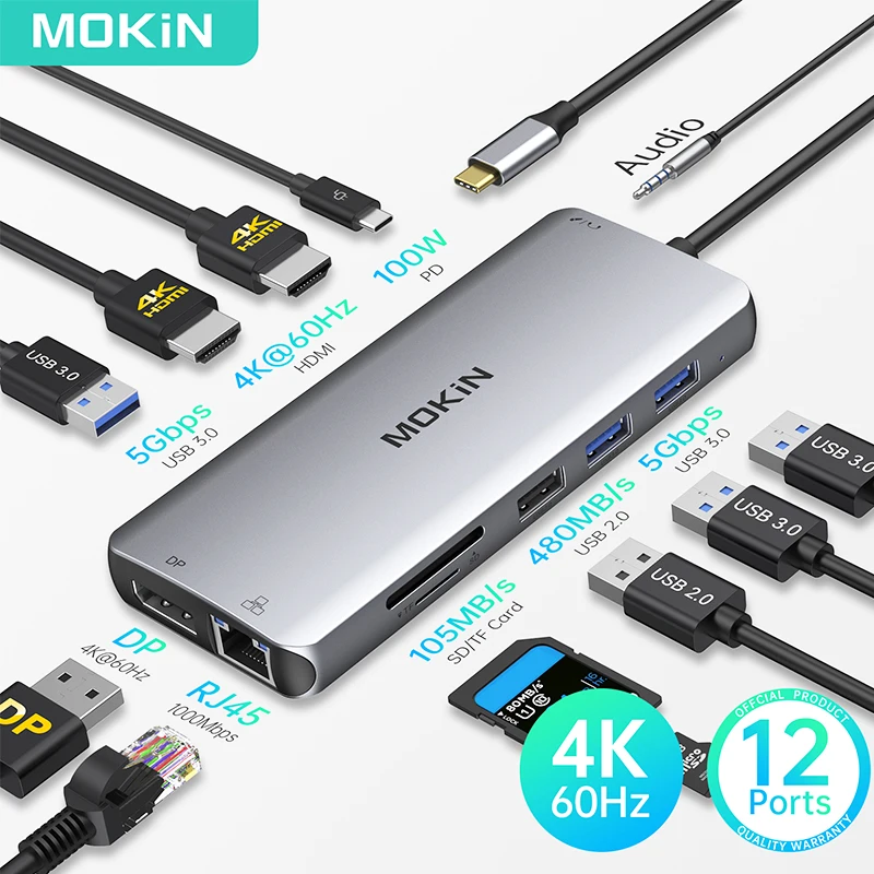 

MOKiN USB C Docking Station 4K 60Hz HDMI-compatible HUB 3.0 Type C Splitter Ethernet Rj45 Expansion Dock for Laptop Accessories